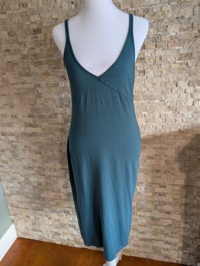 Wilfred Free Aritzia Teal Blue V-Neck Spaghetti Strap Midi Dress Bodycon Sz Med